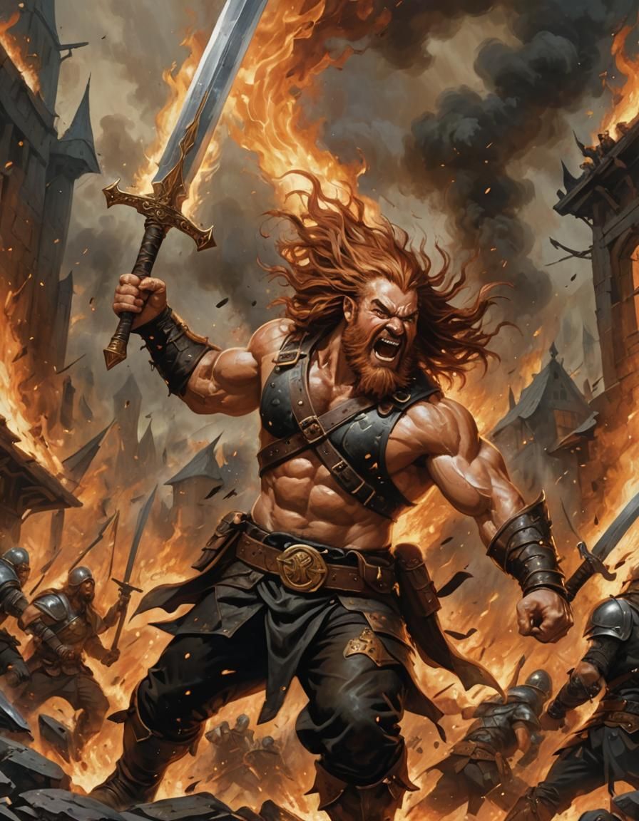 Muscular Dwarf Warrior Leaping into Fiery Battlefield
