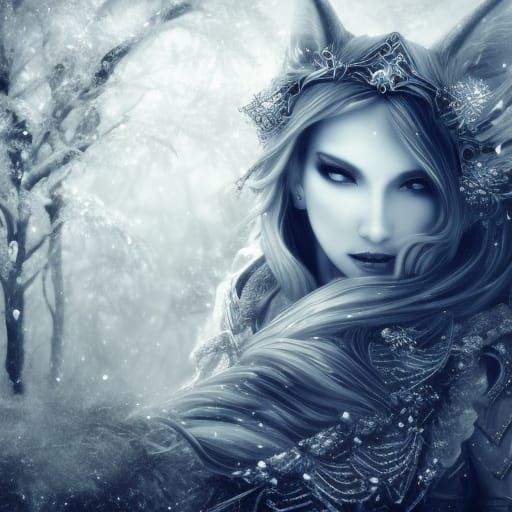 Winter Fairy Queen with Wolf in Mystical Scene
