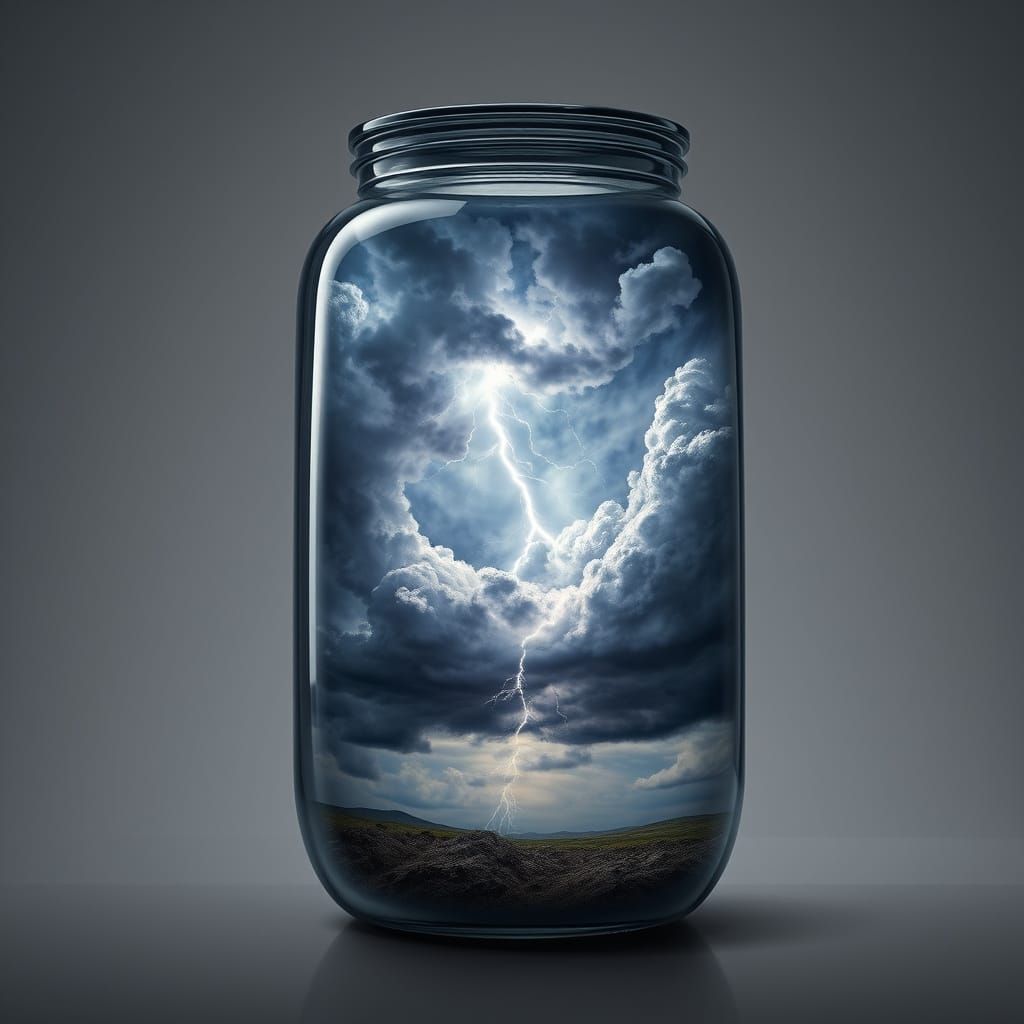 Stormy Sky in Glass Container: Surreal Artwork