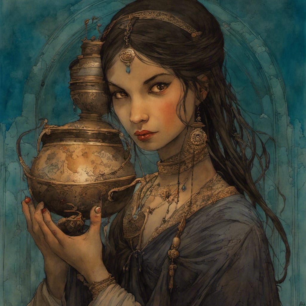 Intricately Detailed Middle Eastern Vampire in Watercolour