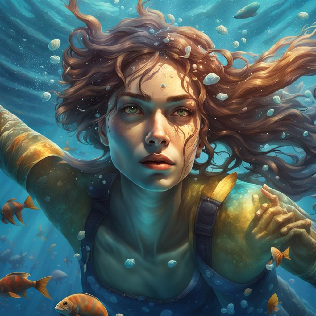 Underwater Woman Portrait in Graffiti Splash Art Style