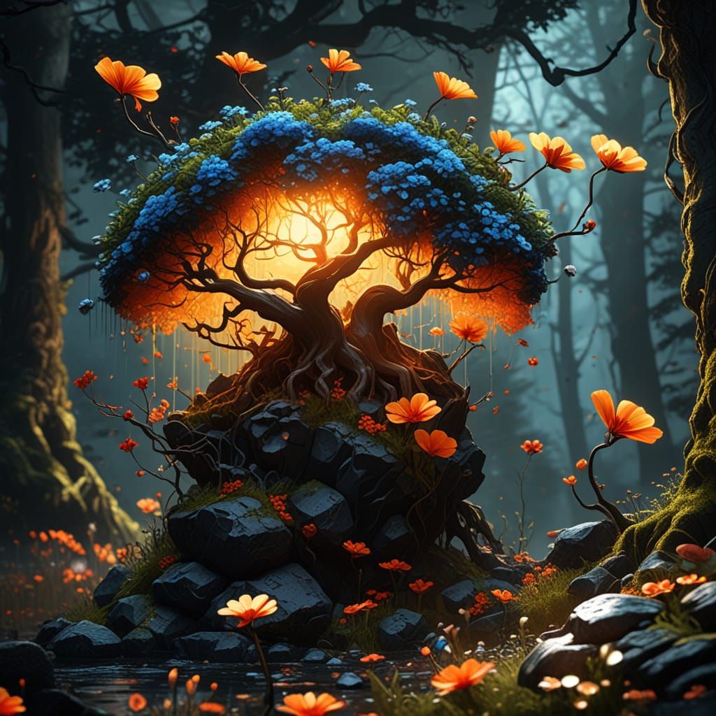Mystical Tree with Glowing Flowers in Surreal Woods