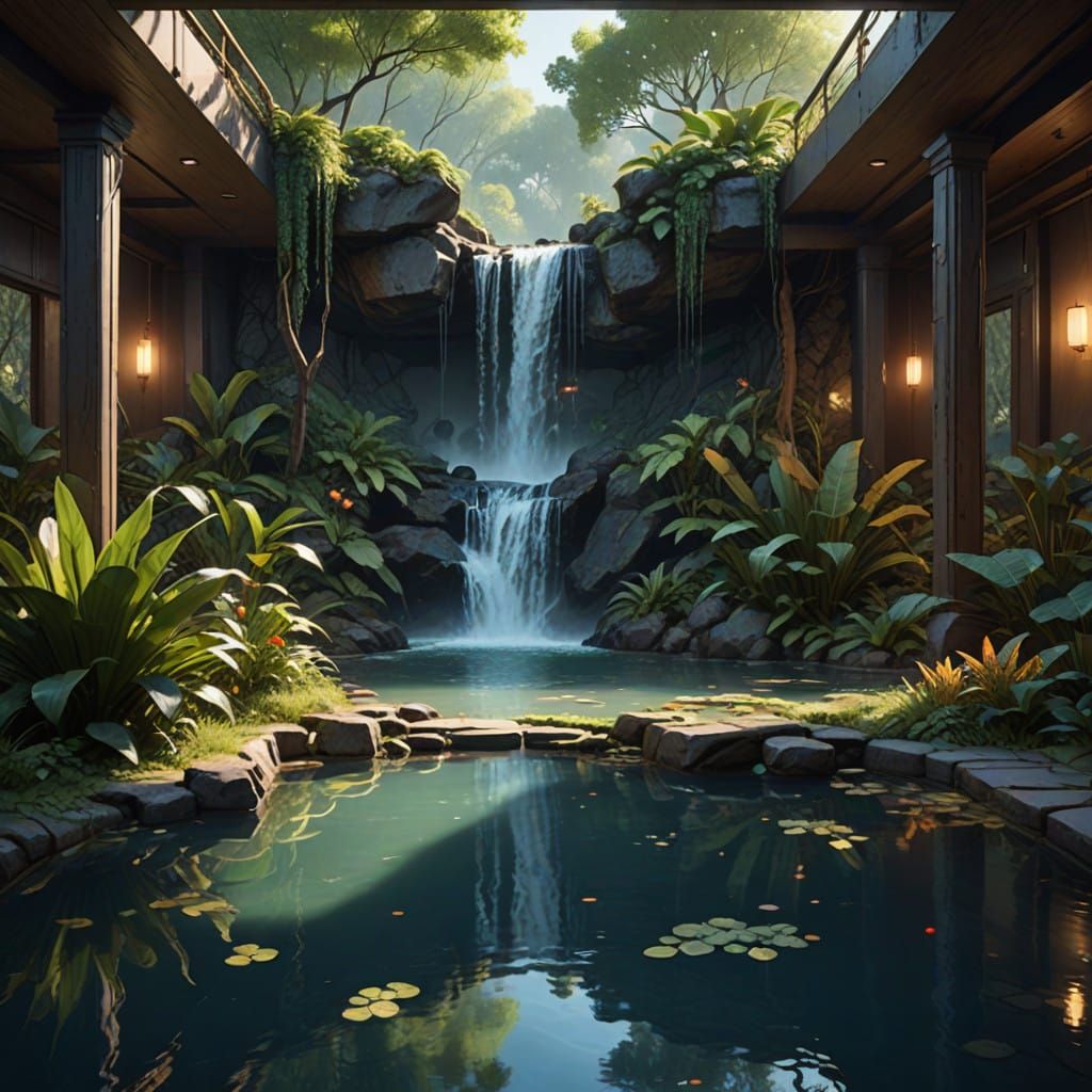Hyper-Realistic Living Room Oasis with Waterfall and Pond
