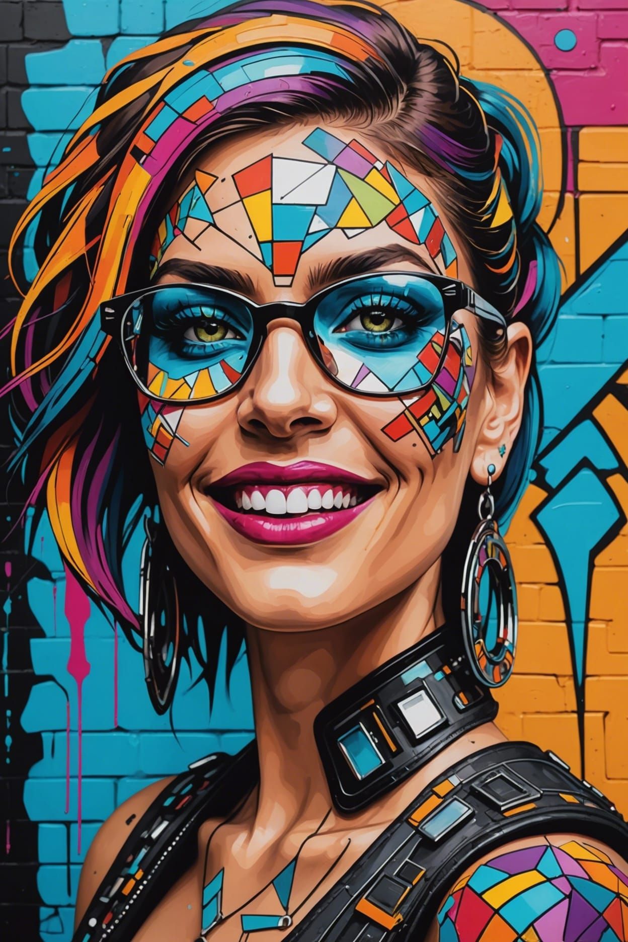 Psychedelic Cyber Queen in Cubist Graffiti Style