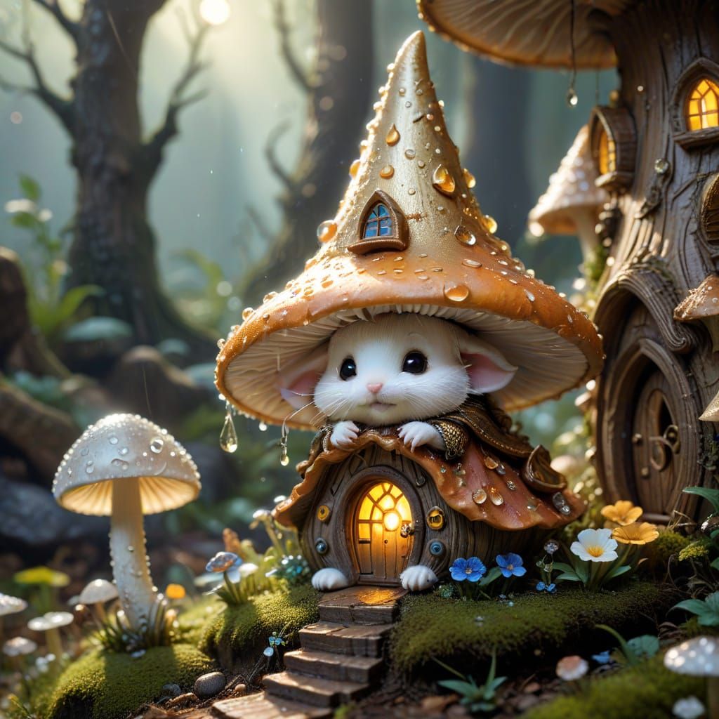 Mushroom House: A Chibi Wizard's Macro Photograph