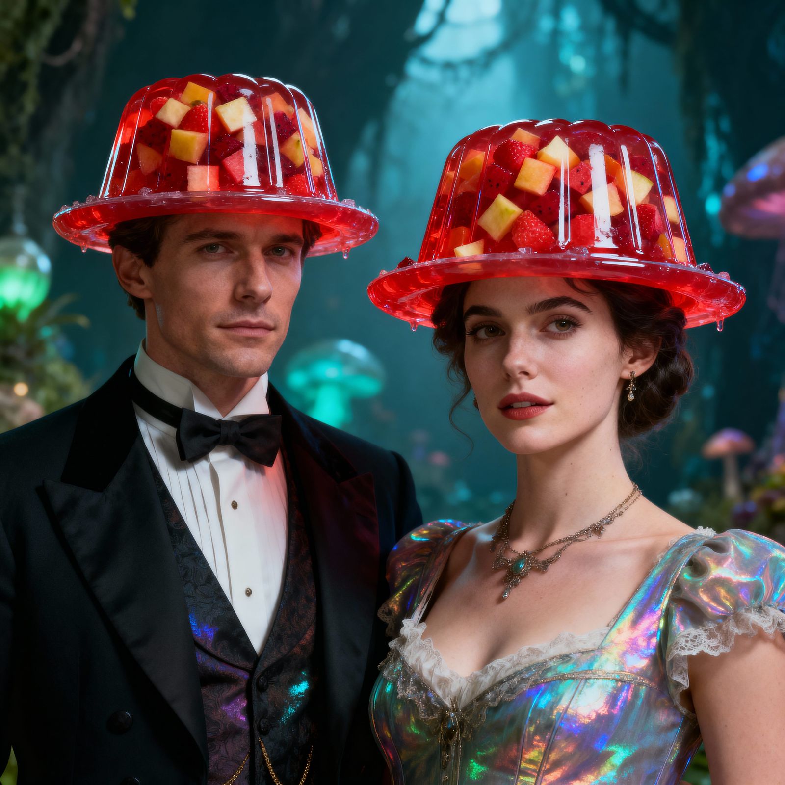 Elegant Couple with Fruit-Filled Jello Hats
