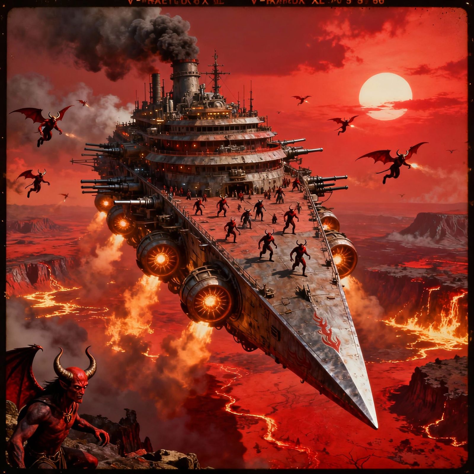 Dieselpunk Flying Fortress As Giant Wedge Blade Over Wastela...