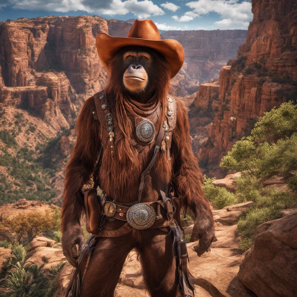 Photorealistic Orangutan Cowboy in Canyon Landscape