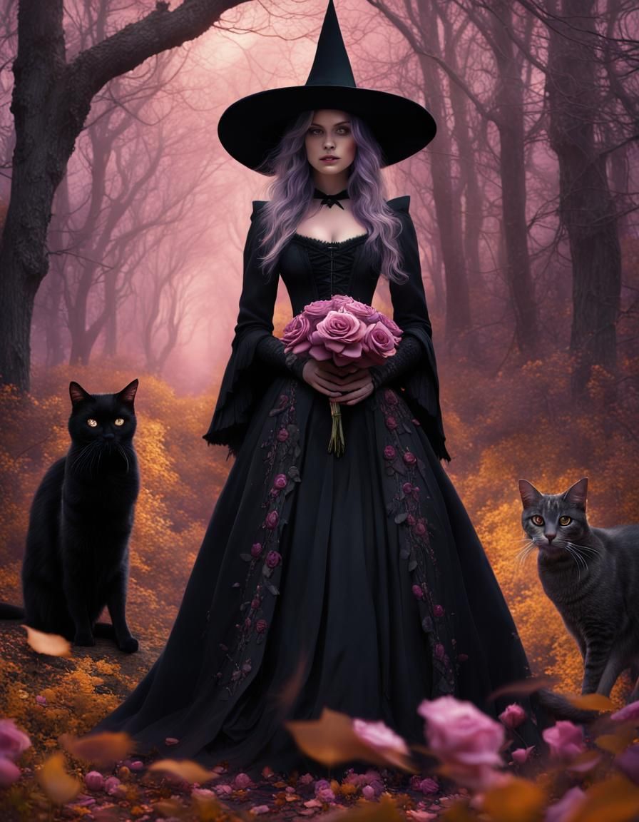 Enchanting Witch in Autumn Forest with Black Cat