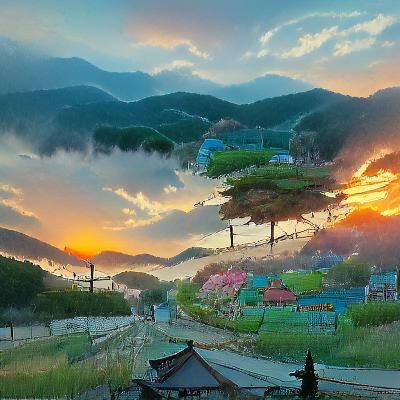 South Korea Sunset in Studio Ghibli Anime Style