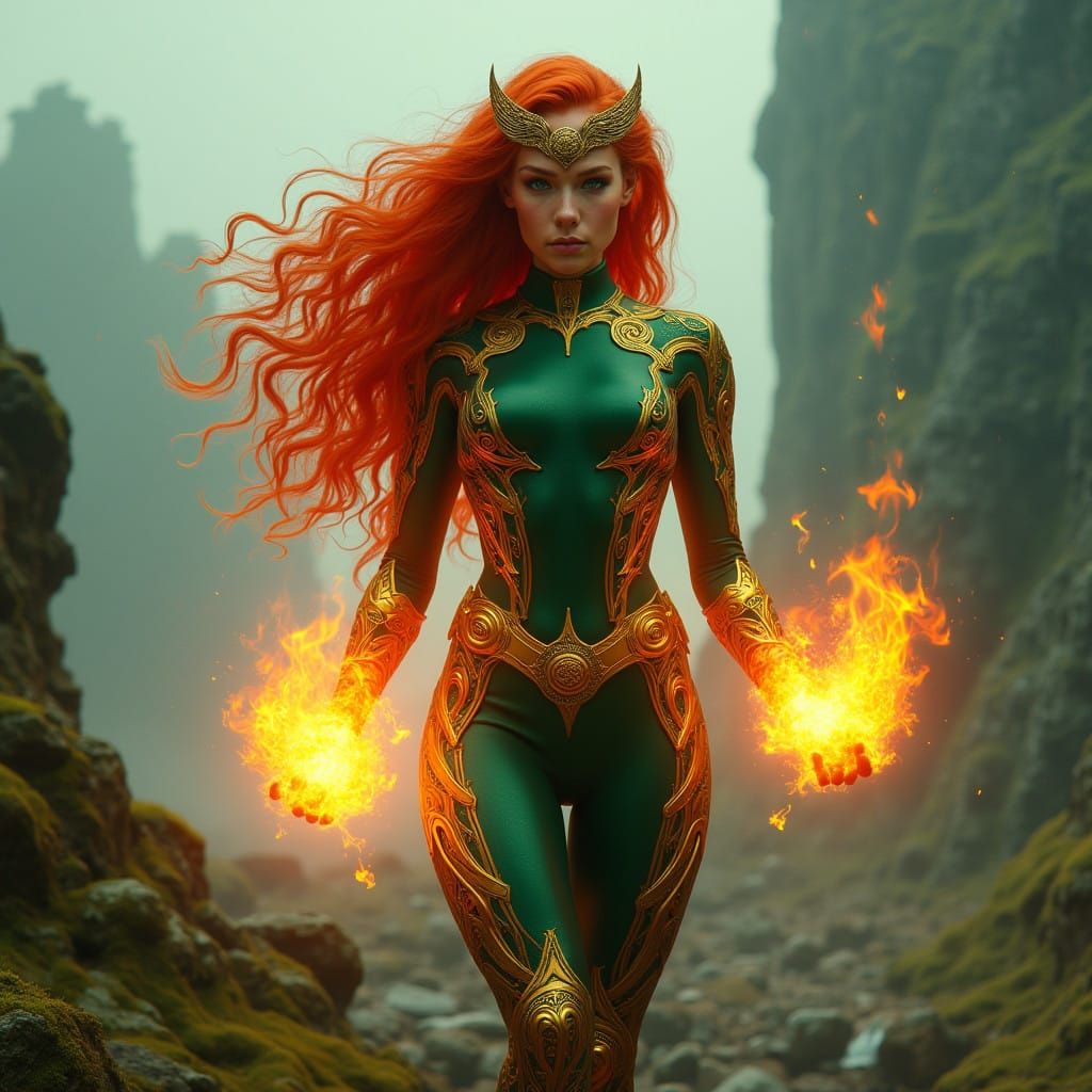 Fiery Irish Superheroine Unleashes Inferno in Celtic Ruins