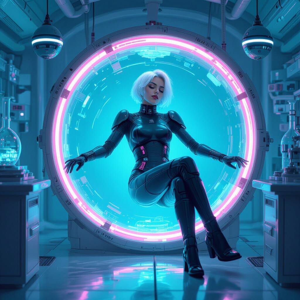 Pastel Punk Woman Sleeps in Sci-Fi Healing Tank