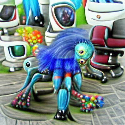 Sci-fi blue alien monster with many colorful legs large eye, blue hair colorful tail
