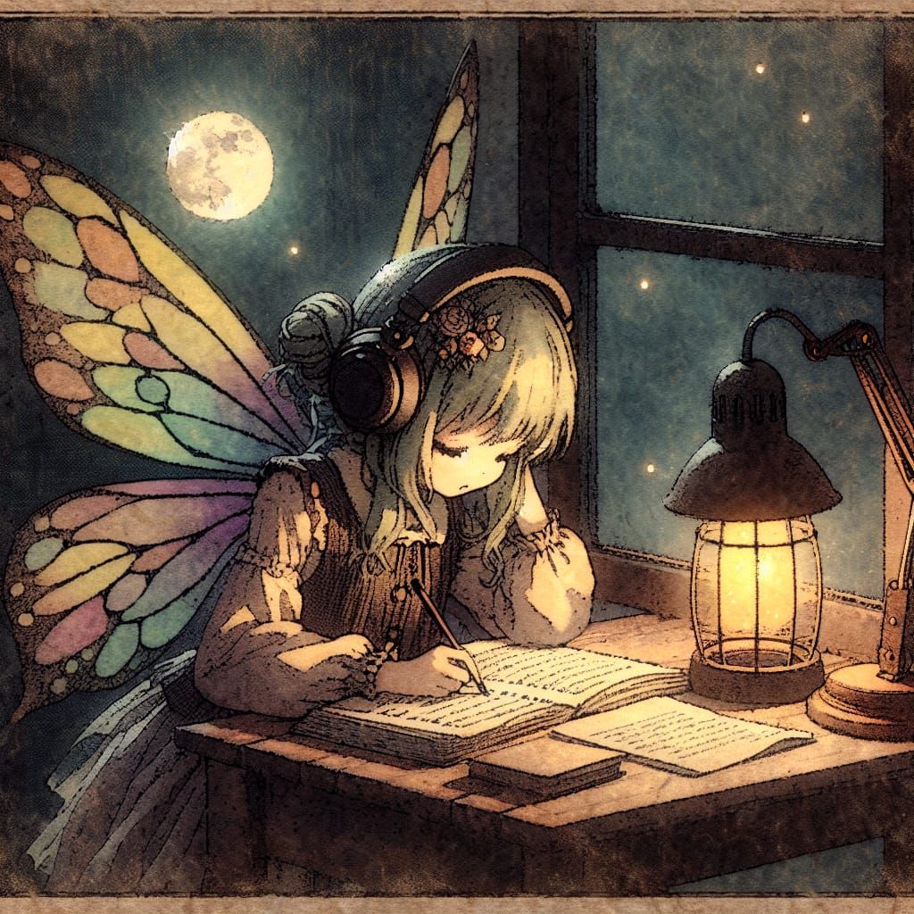 Fairy Studying Late at Night in Watercolor Style