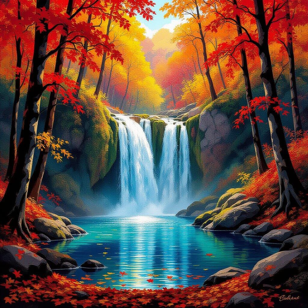 Vibrant Autumn Waterfall in Abstract Style