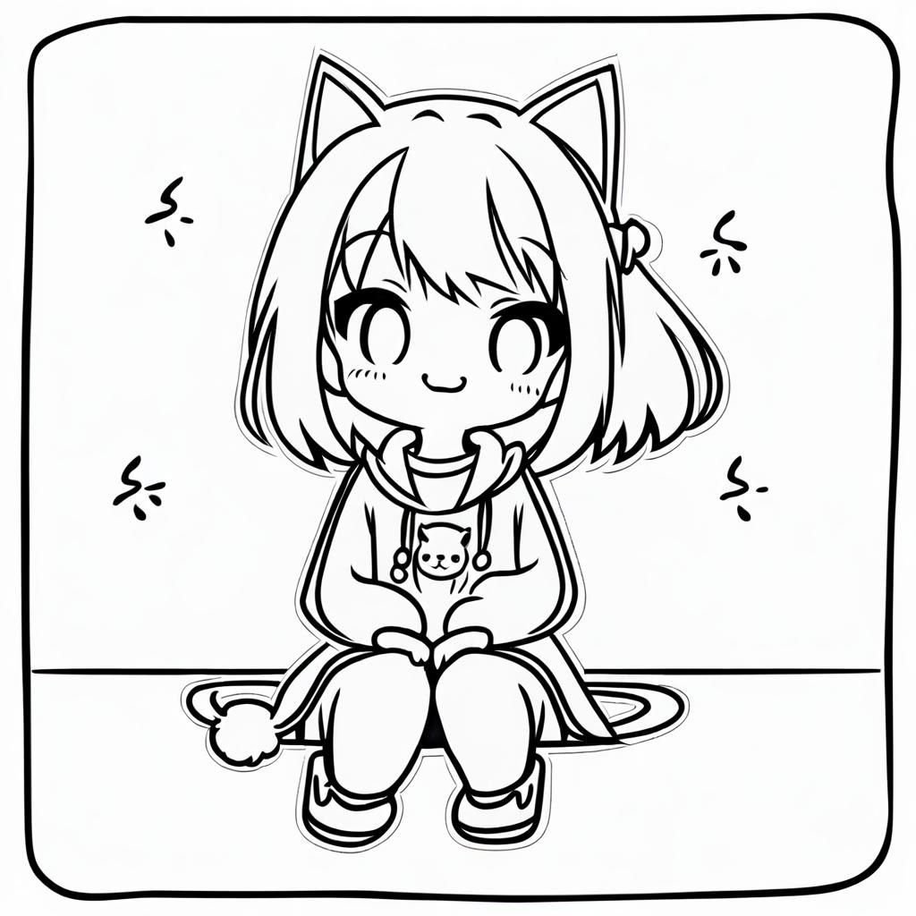 Cute Anime Style Cat Sketch in Black and White
