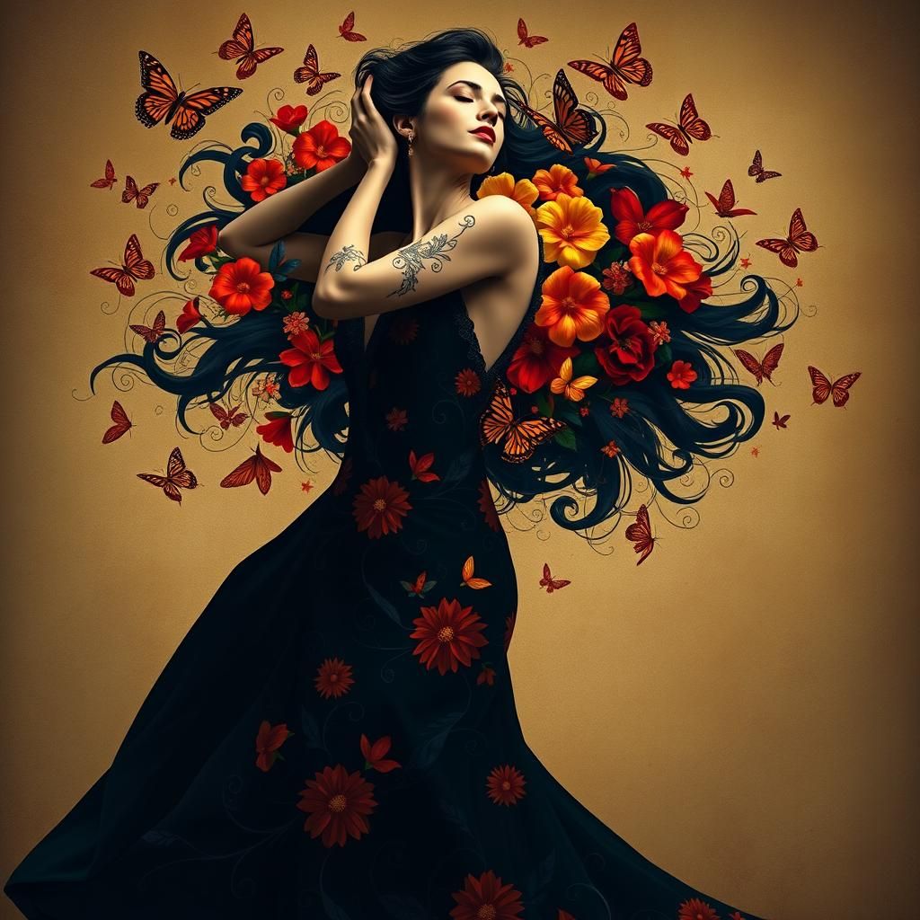 Elegant Woman Dancing with Flowers, Surreal Digital Art