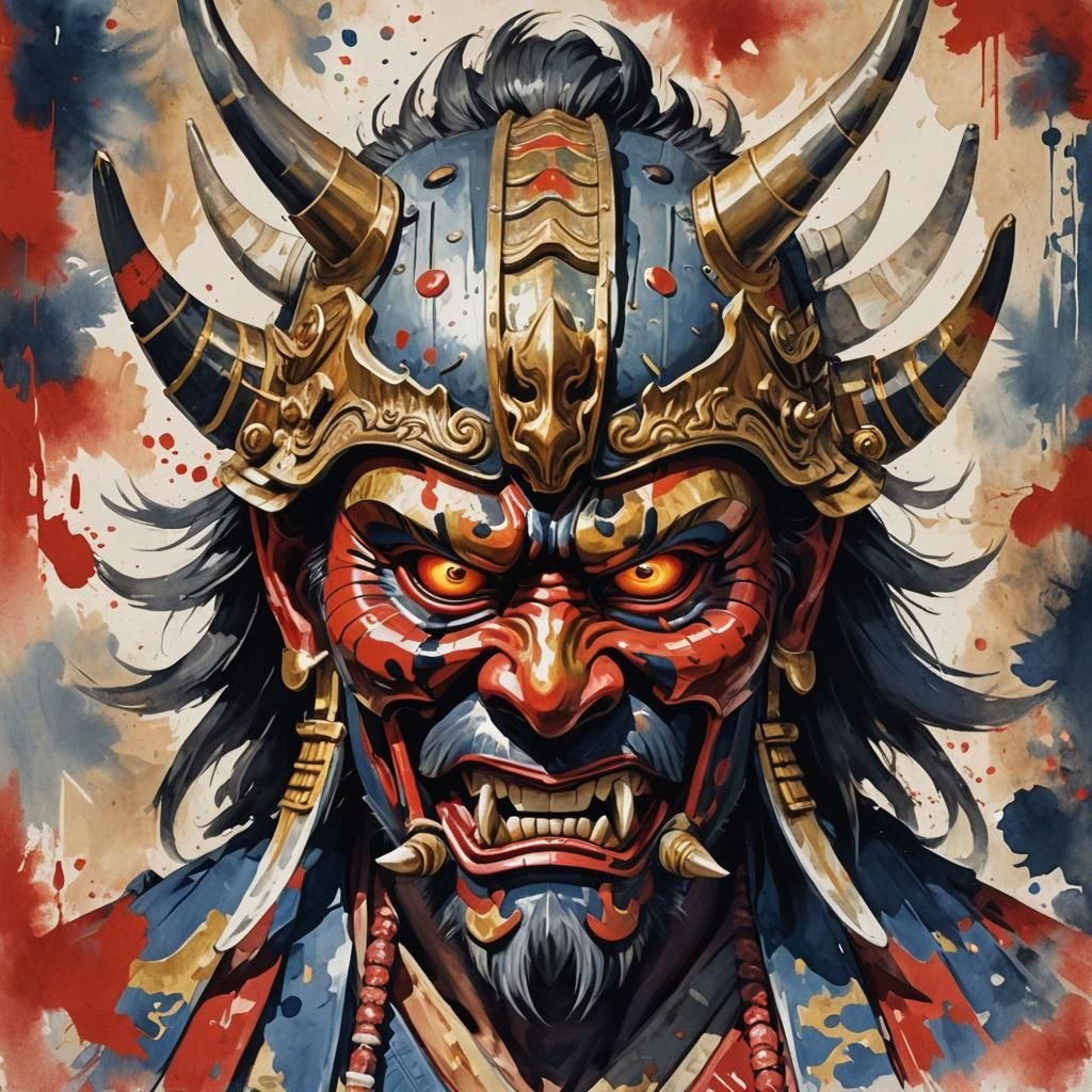 American Samurai Oni Mask in Gouache Style