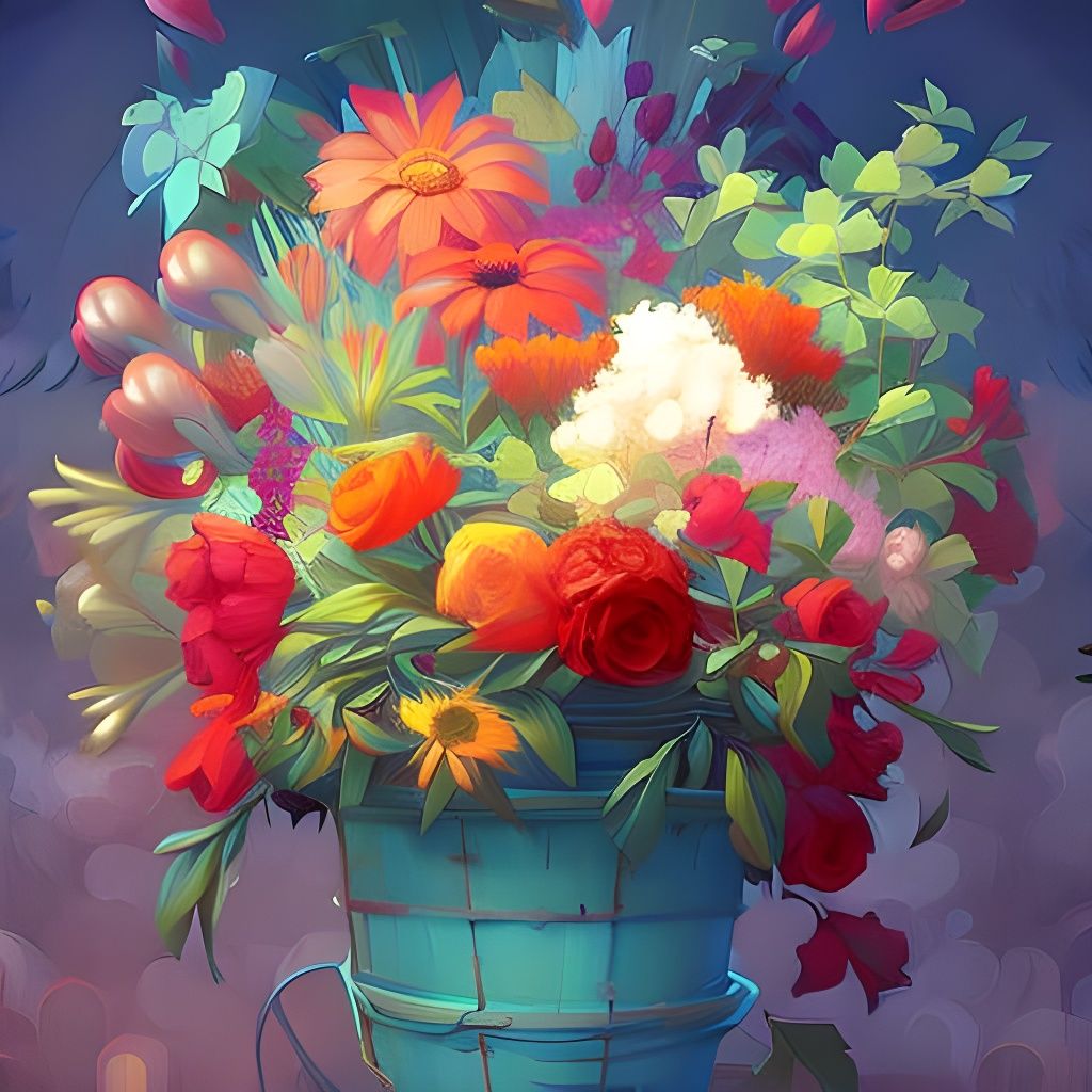 Floral Basket Still Life in Art Nouveau Style