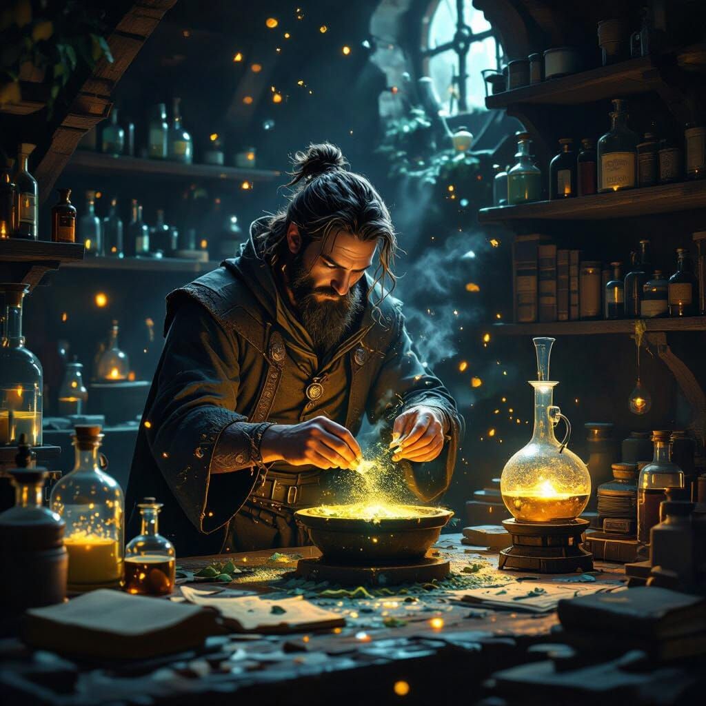 Alchemist Grinding Glowing Herbs in Mystical Workshop
