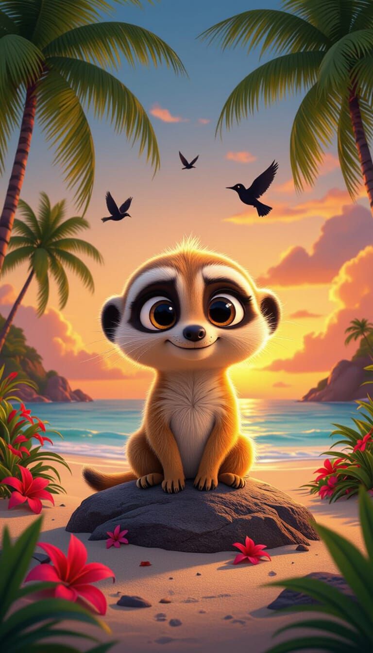 Tropical Beach Sunset with Meerkat in 3D Cartoon Style