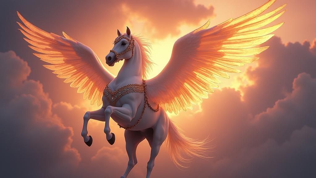 Majestic Pegasus in Stormy Sky with Golden Wings