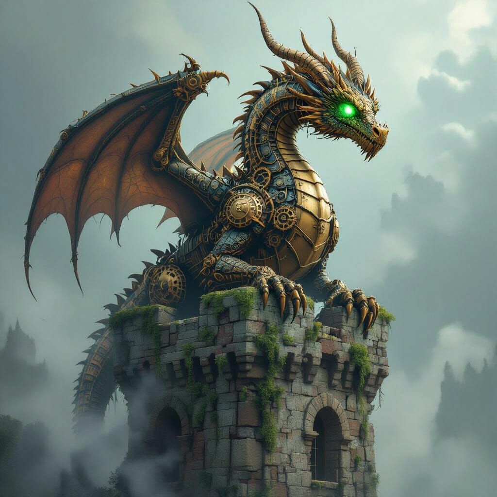 Clockwork Dragon on Tower, Dark Art Style