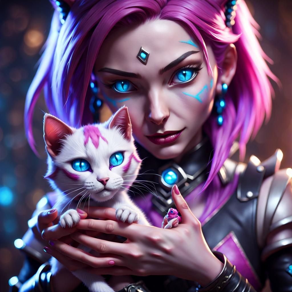 Jinx holding a cat in her hands, cat have different blue and magenta eyes. Arcane, league of legends, arcane style, epic...