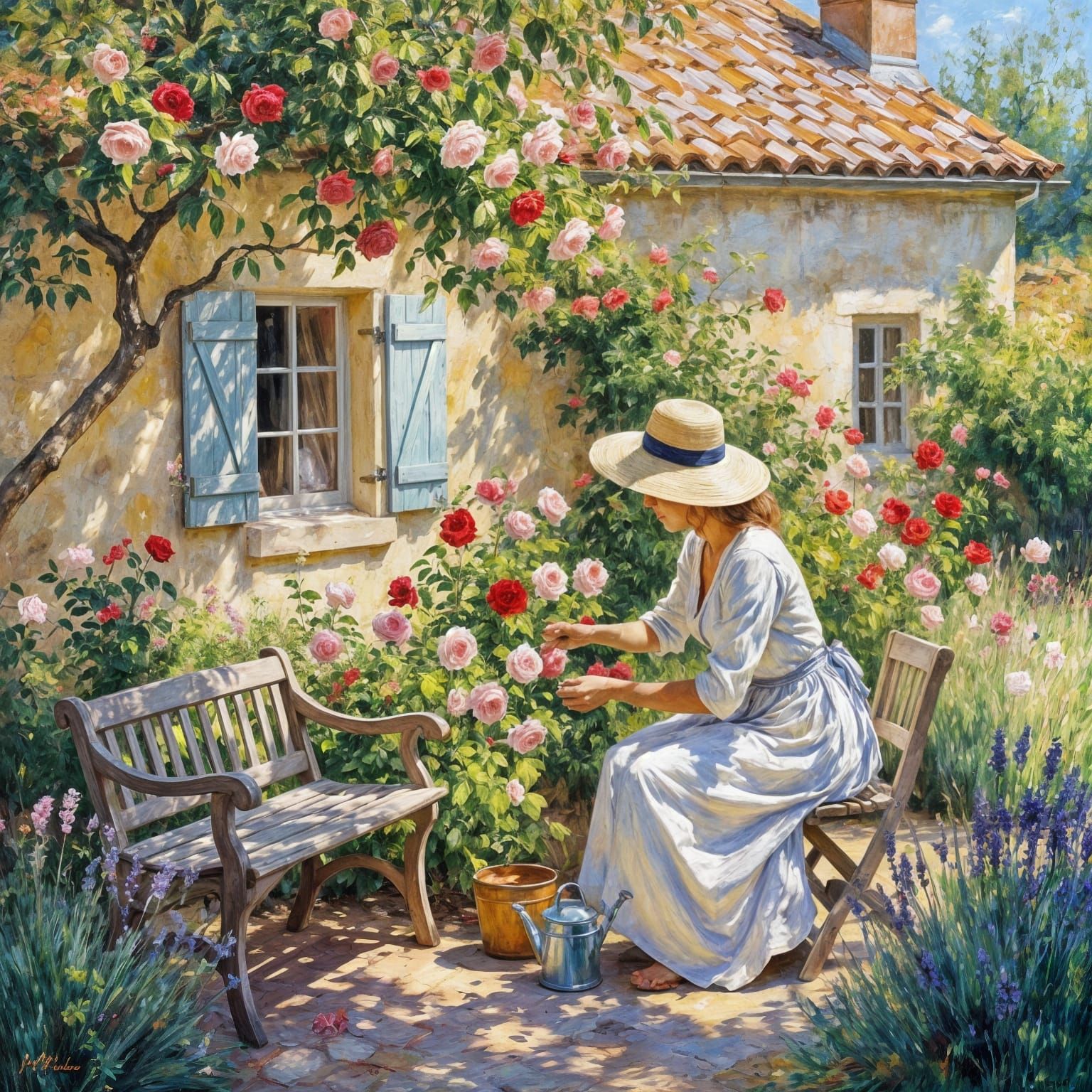 Impressionist Garden Scene with Woman Pruning Roses