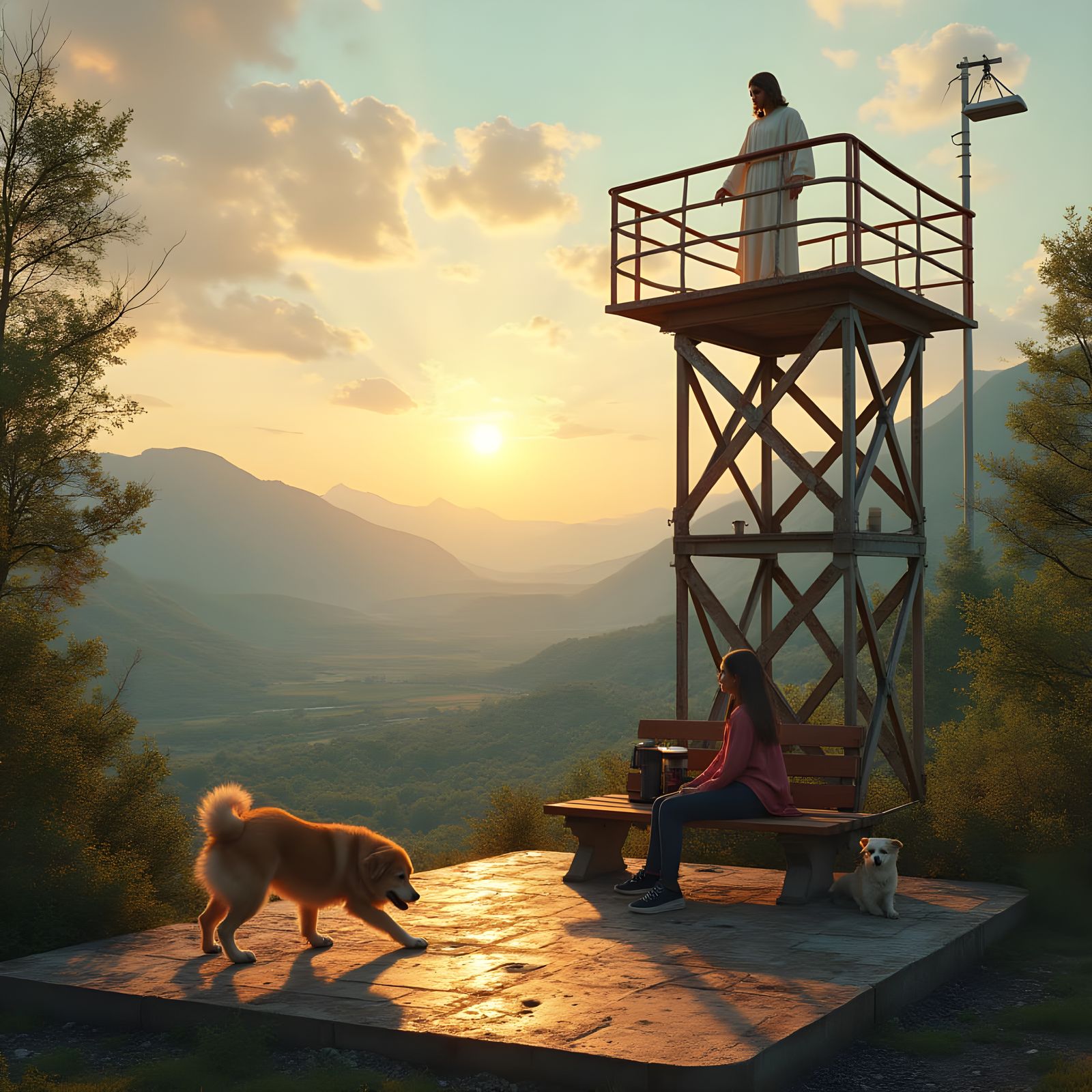 Jesus on Industrial Watchtower in Syd Mead Style