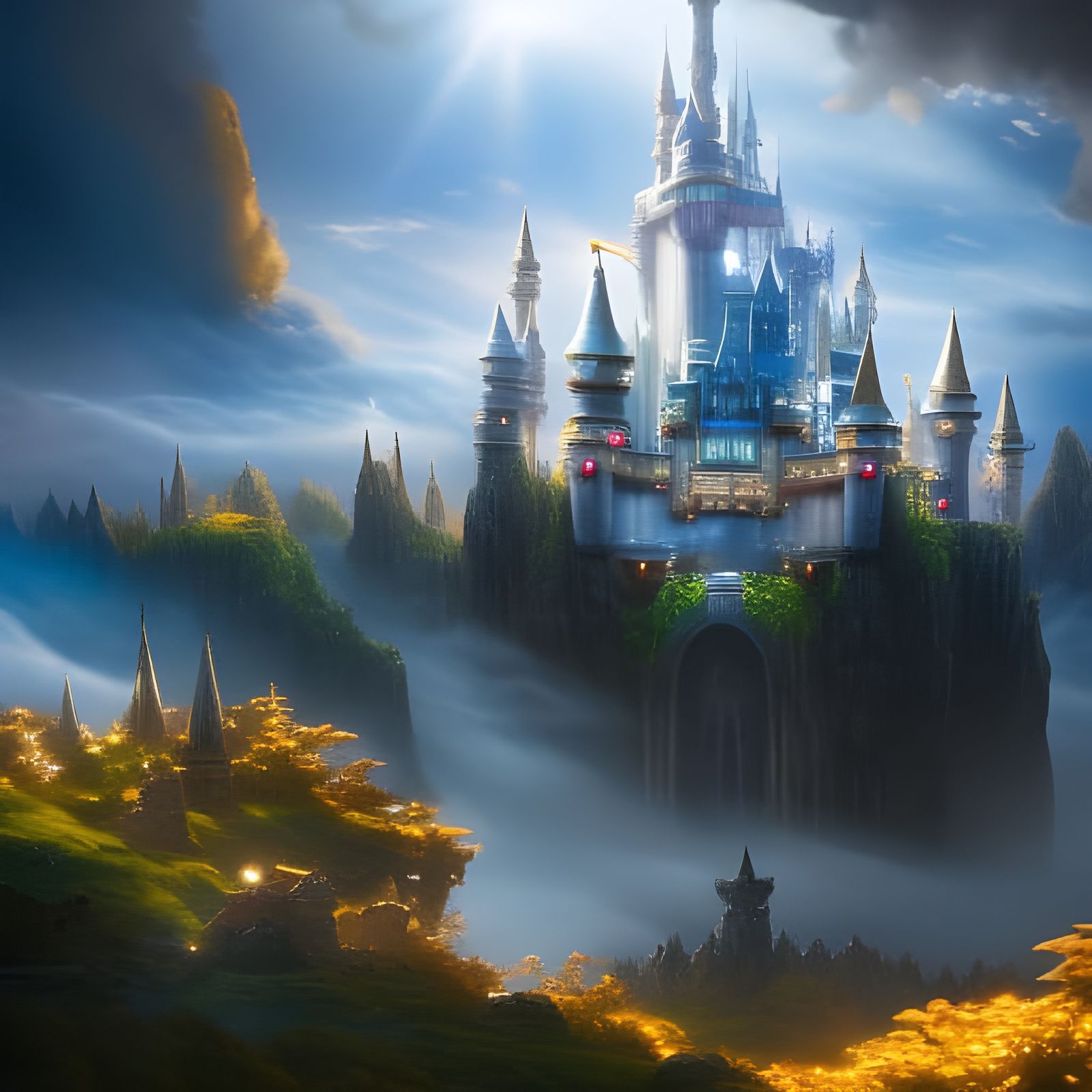 Flying Magical Castle on Clouds: Fantasy Concept Art