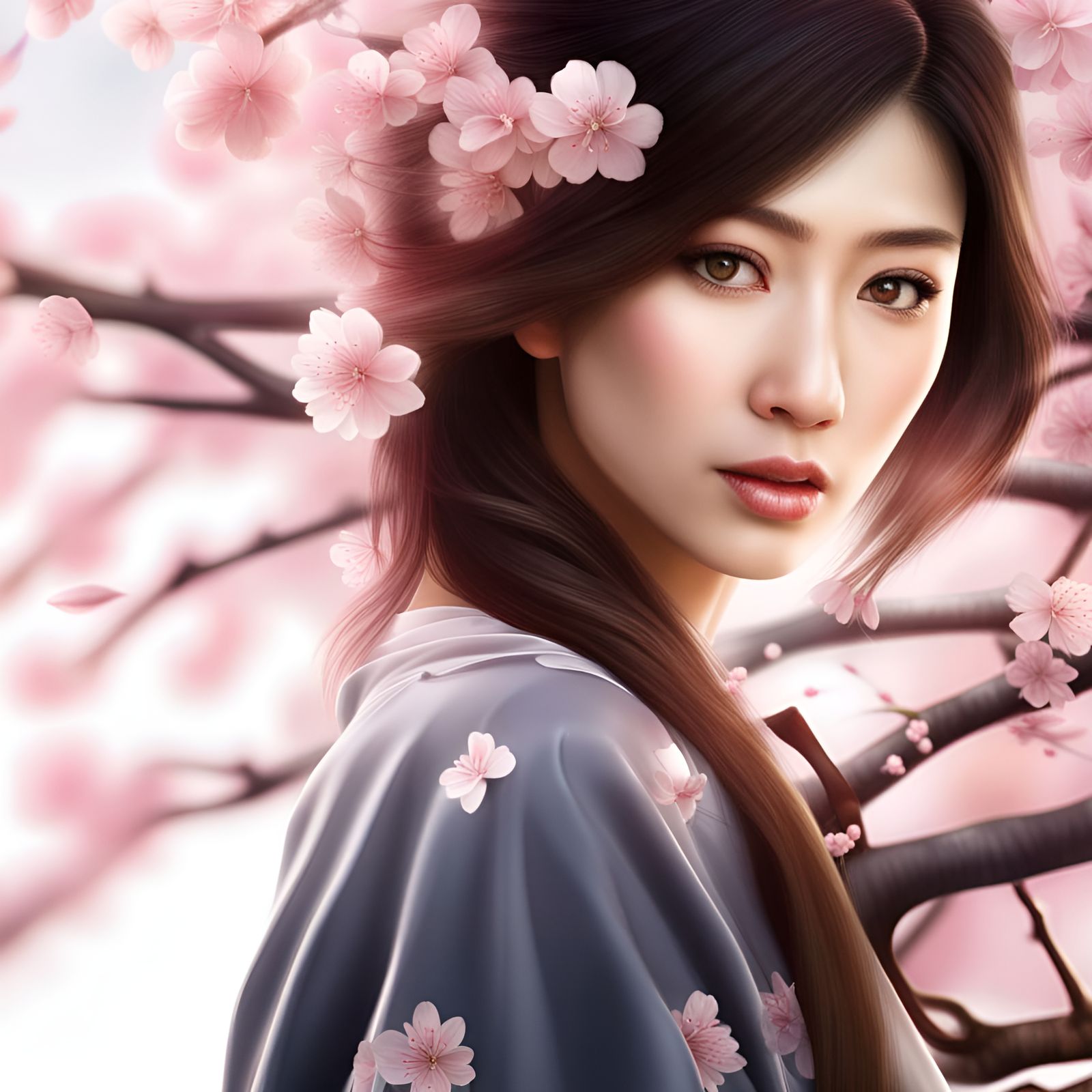 Beautiful Japanese Woman Portrait with Cherry Blossoms