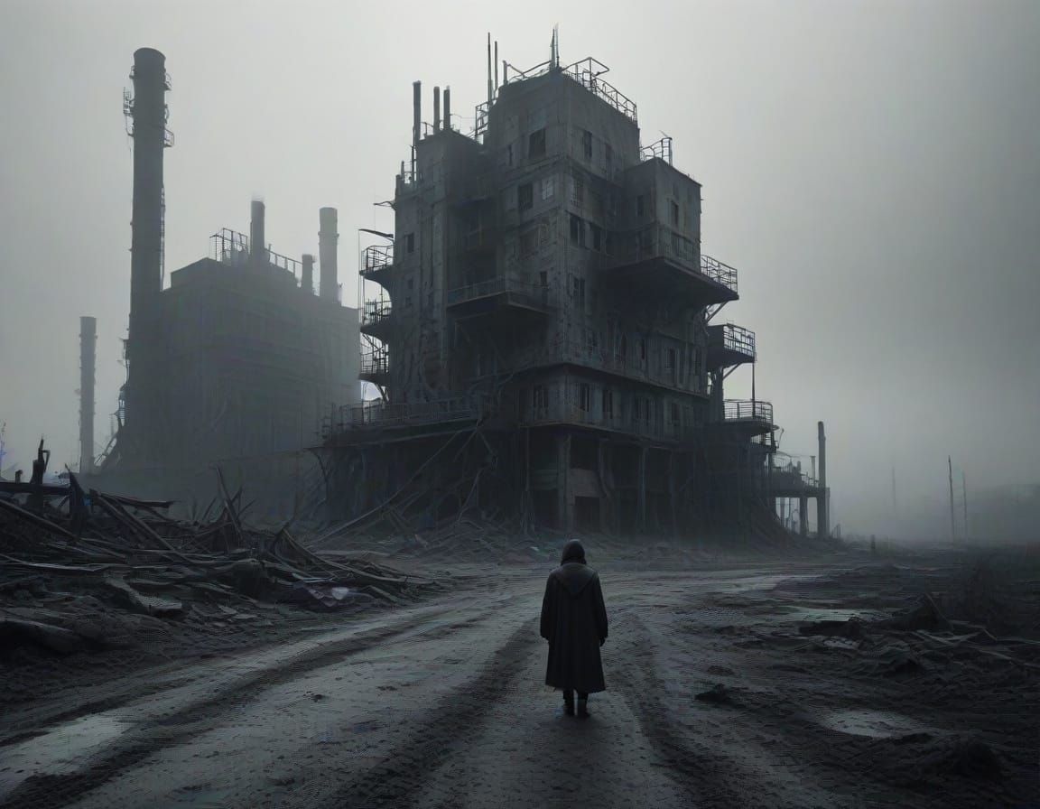 Abandoned Industrial Wasteland in Eerie Fog