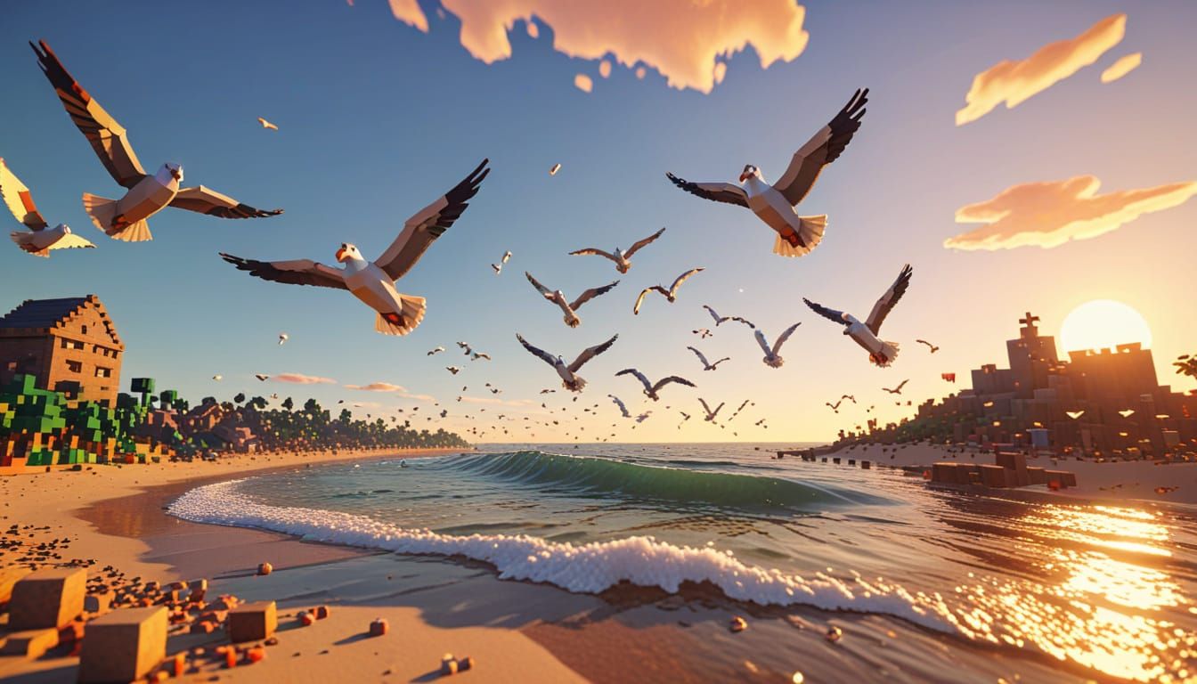 Minecraft Character Builds Seaside Scene in Blocky Pixel Art