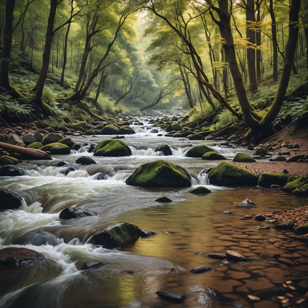 Picturesque River Flowing Through Forest, Photography