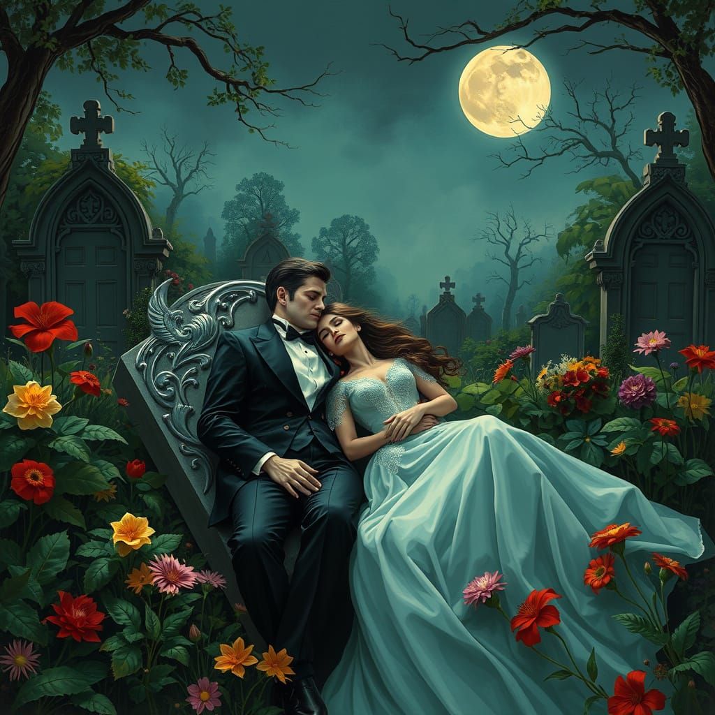Couple in Cemetery, Art Nouveau Style