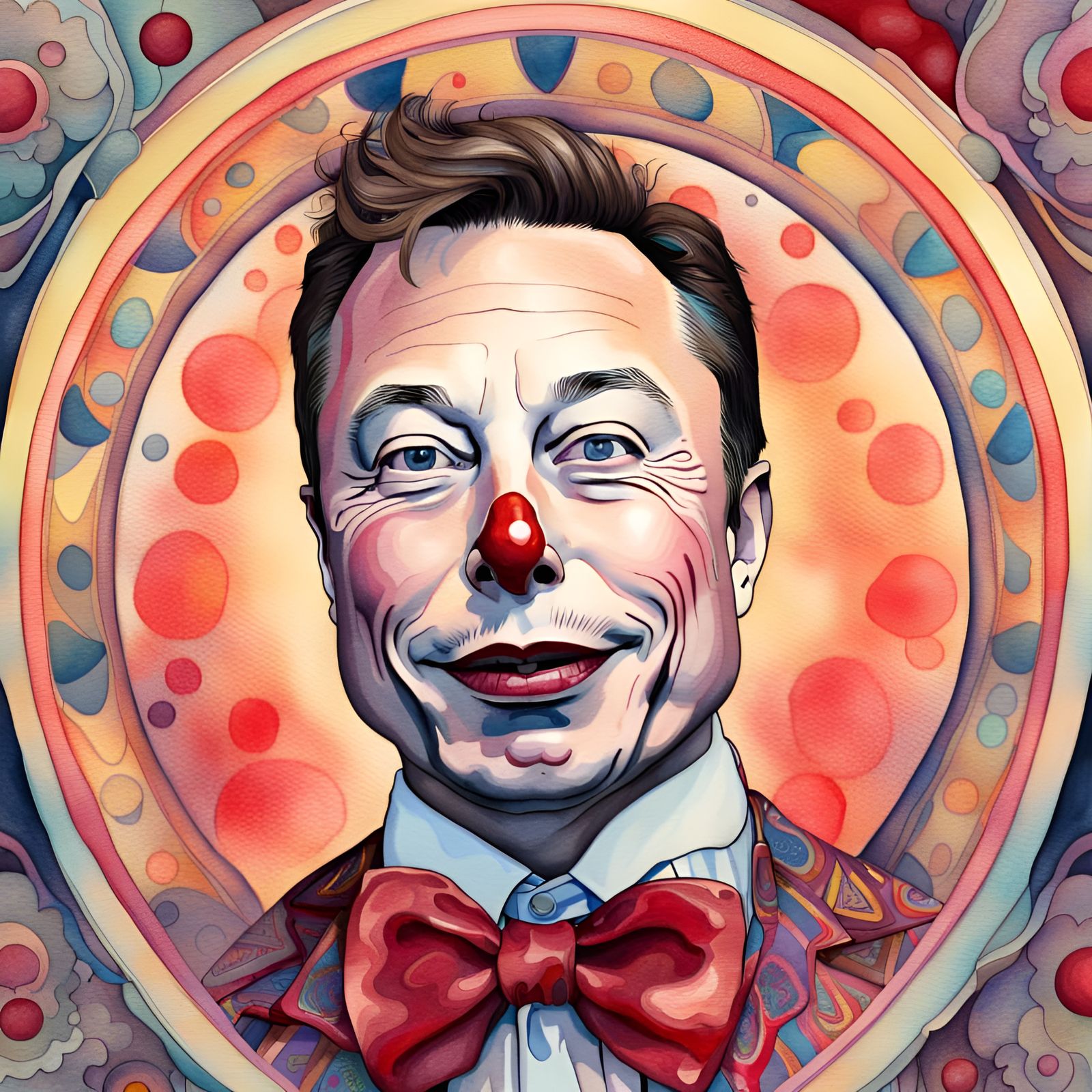 Elon Musk as a Clown in Art Nouveau Watercolor