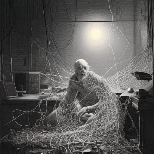 Man Wired to Computer in Horror Style