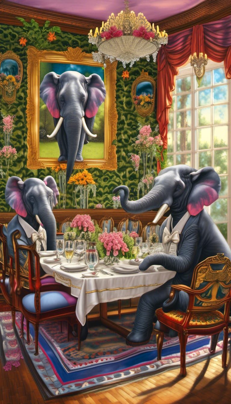 Elephants in Tuxedos Dine in Sunny Dining Room