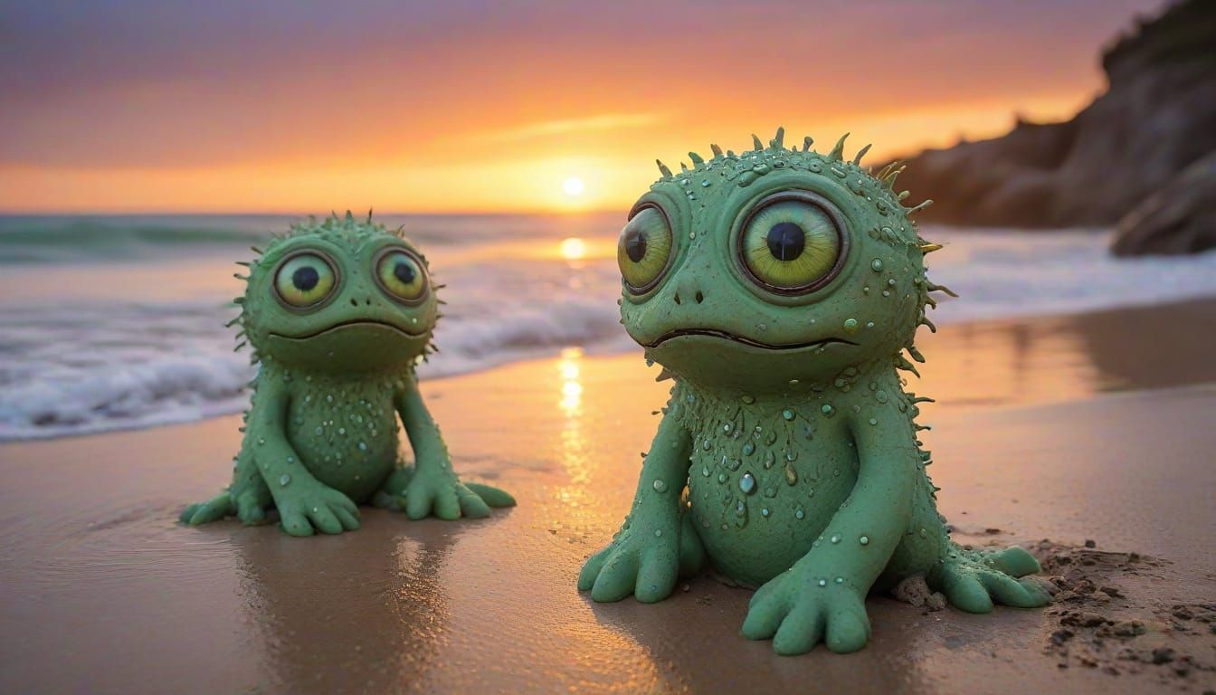 Melancholy Beach Monsters in a Whimsical Scene