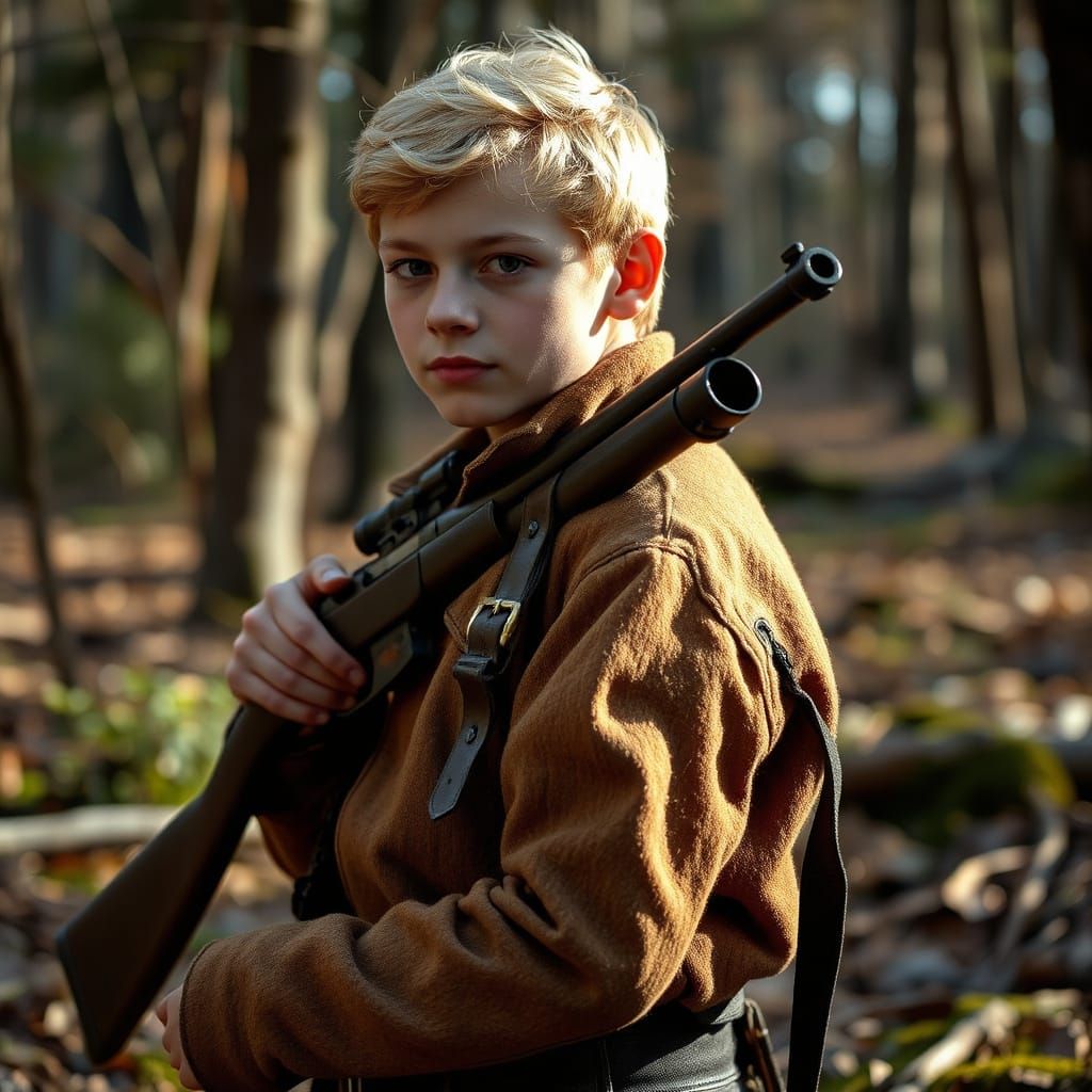 Serious Youth Adventurer in Woodland Setting