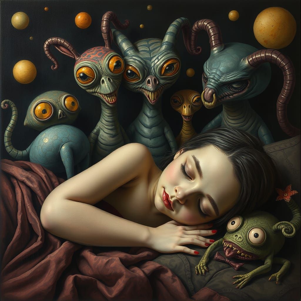 as a whimsical yet eerie pop surrealism artwork, where the sleeping figure is surrounded by a riot of colorful, cartooni...
