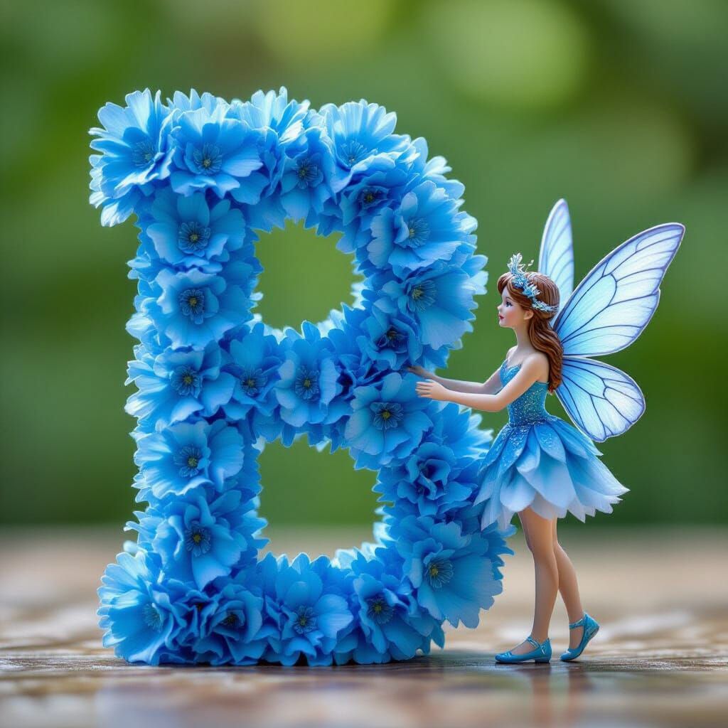 Little Blue Fairy Beside Letter B of Blue Carnations