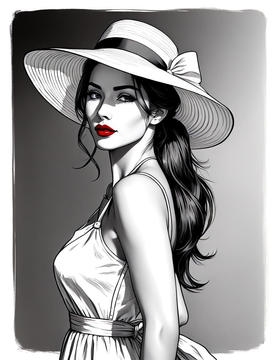Line Art of Brunette in Summer Dress