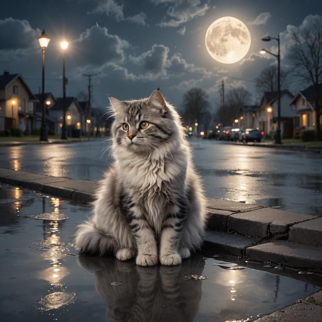 Moonlit Kitten Under Streetlight: Photorealistic Scene