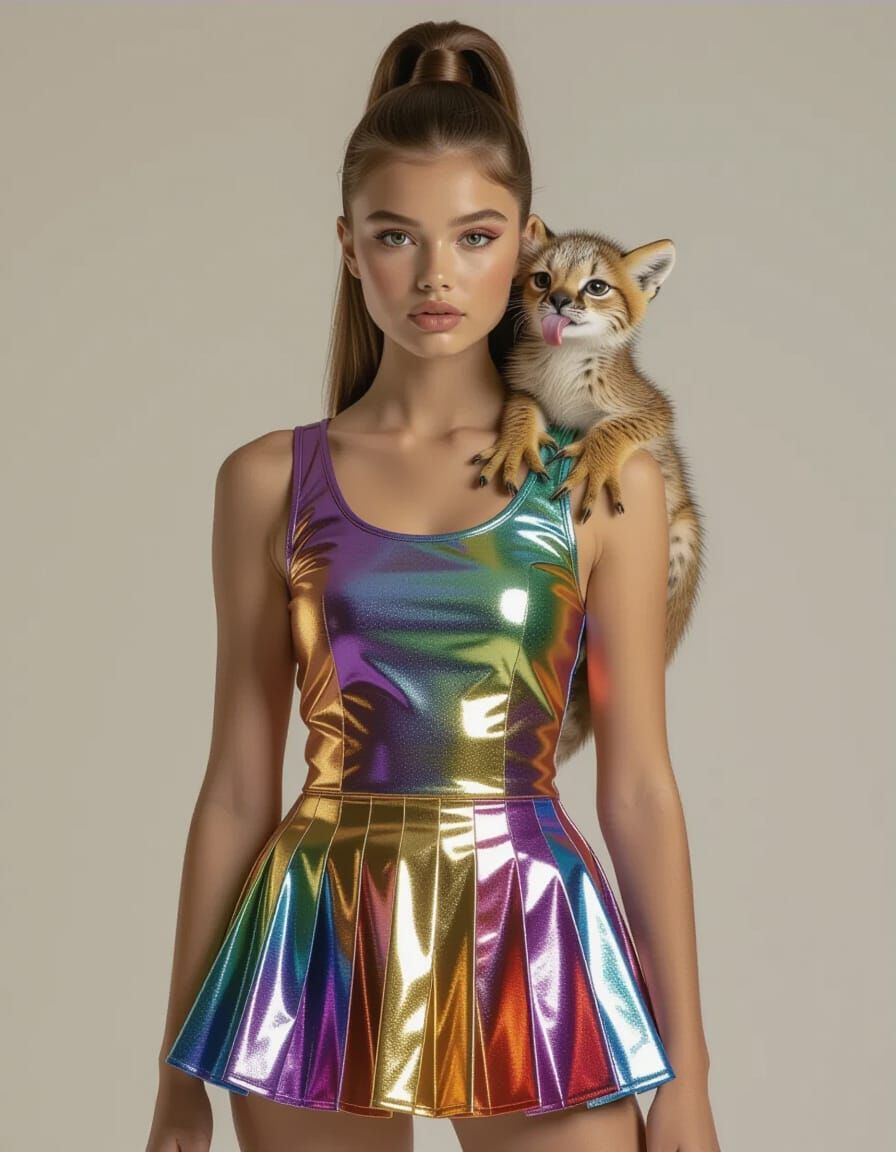 Girl with Gryphon in Rainbow Metallic Dress