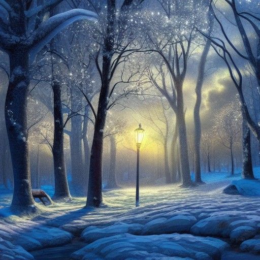 Snowy Winter Park Sunset: Detailed Digital Painting