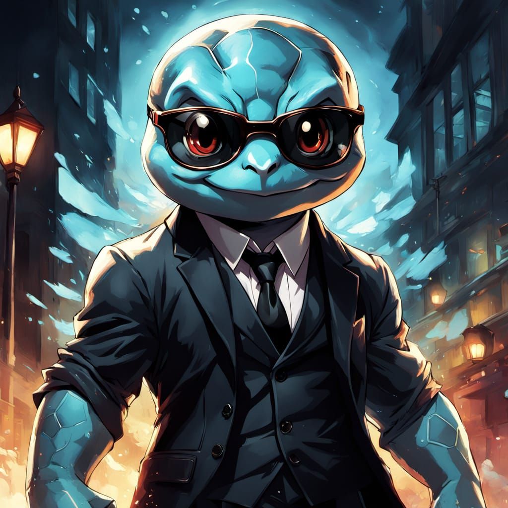 Squirtle in Elegant Black Tuxedo with Dramatic Lighting