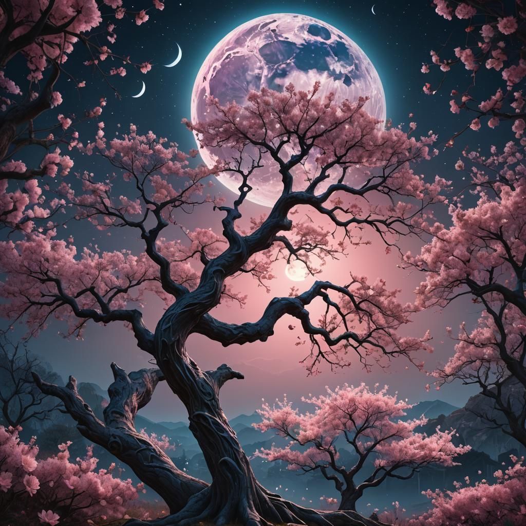 Majestic Blossom Tree Under Pink Moon in Fantasy Landscape