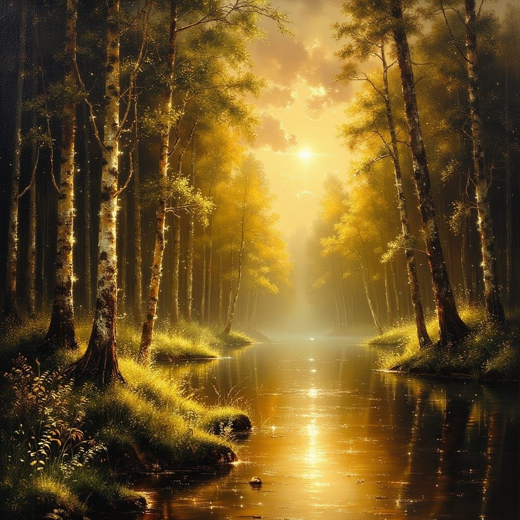 Golden Hour Forest Glade Oil Painting
